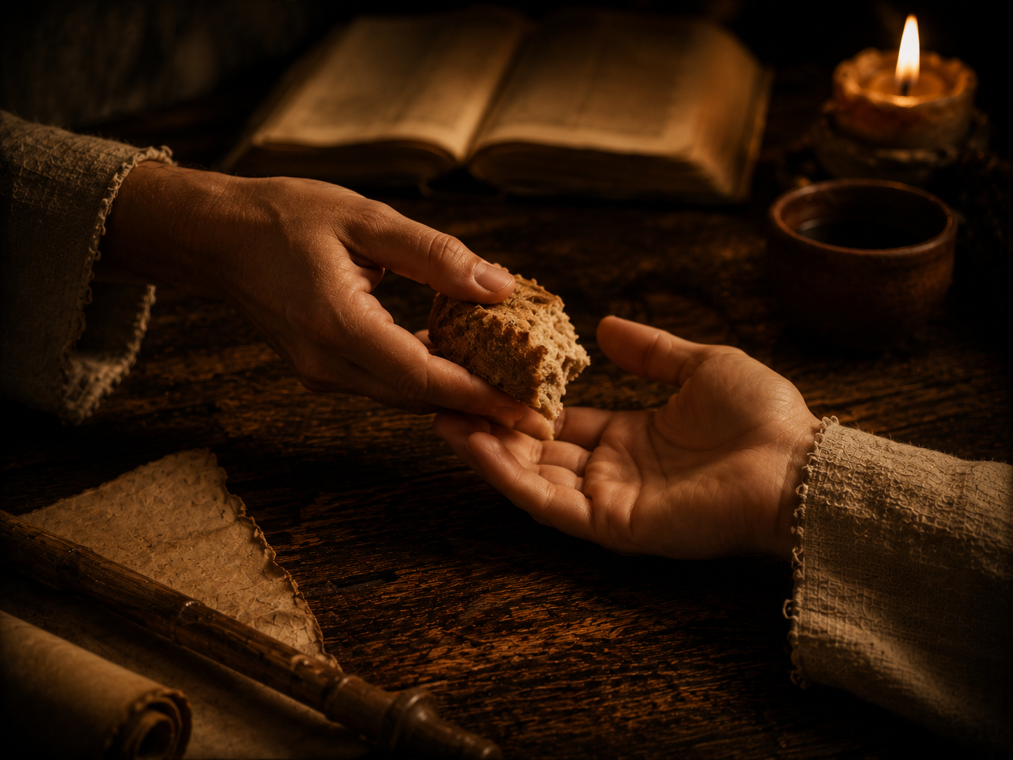 Two hands sharing bread by candlelight, symbolizing Christian fellowship