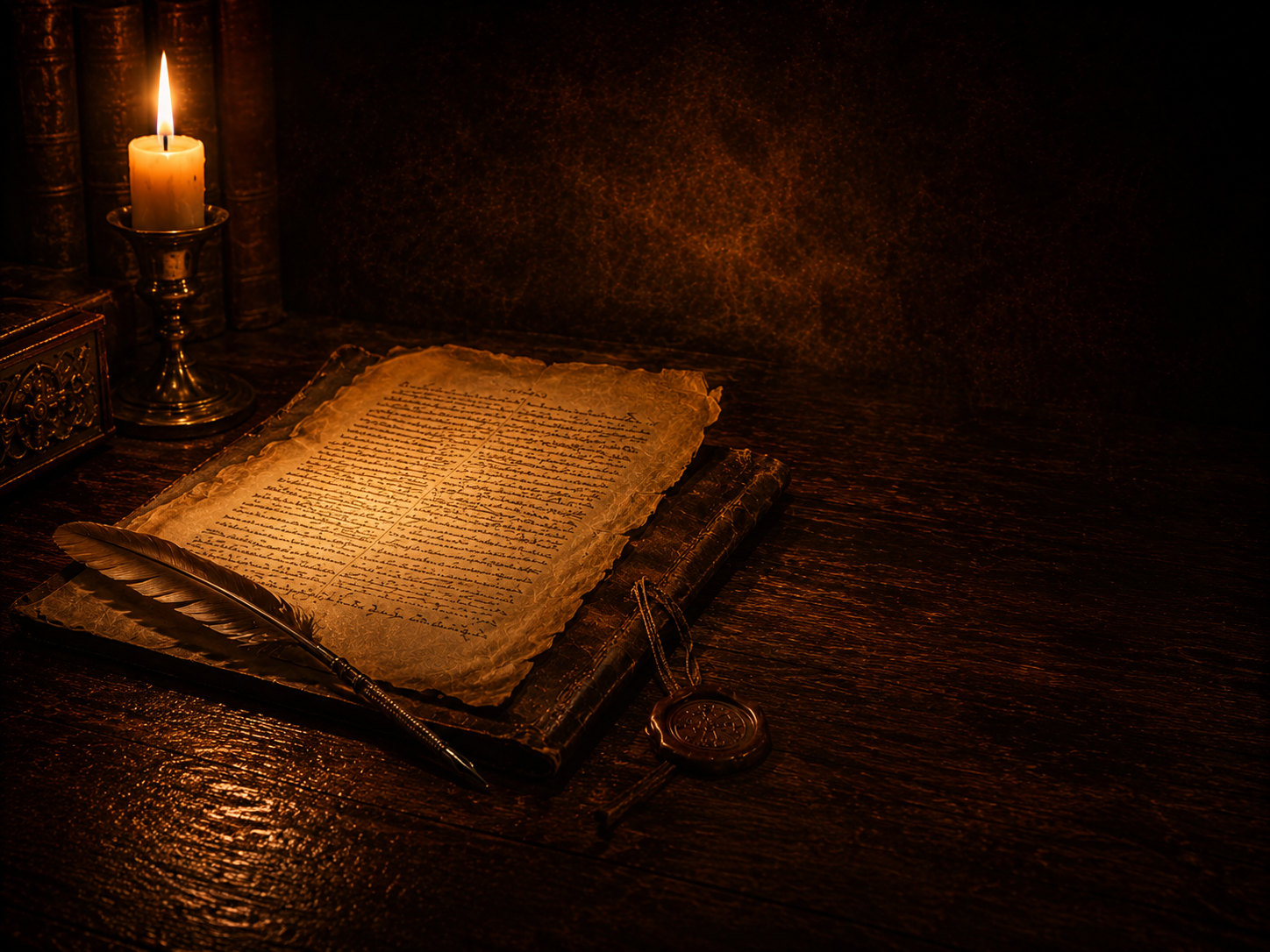 An aged statement of faith document by candlelight, symbolizing doctrinal conviction